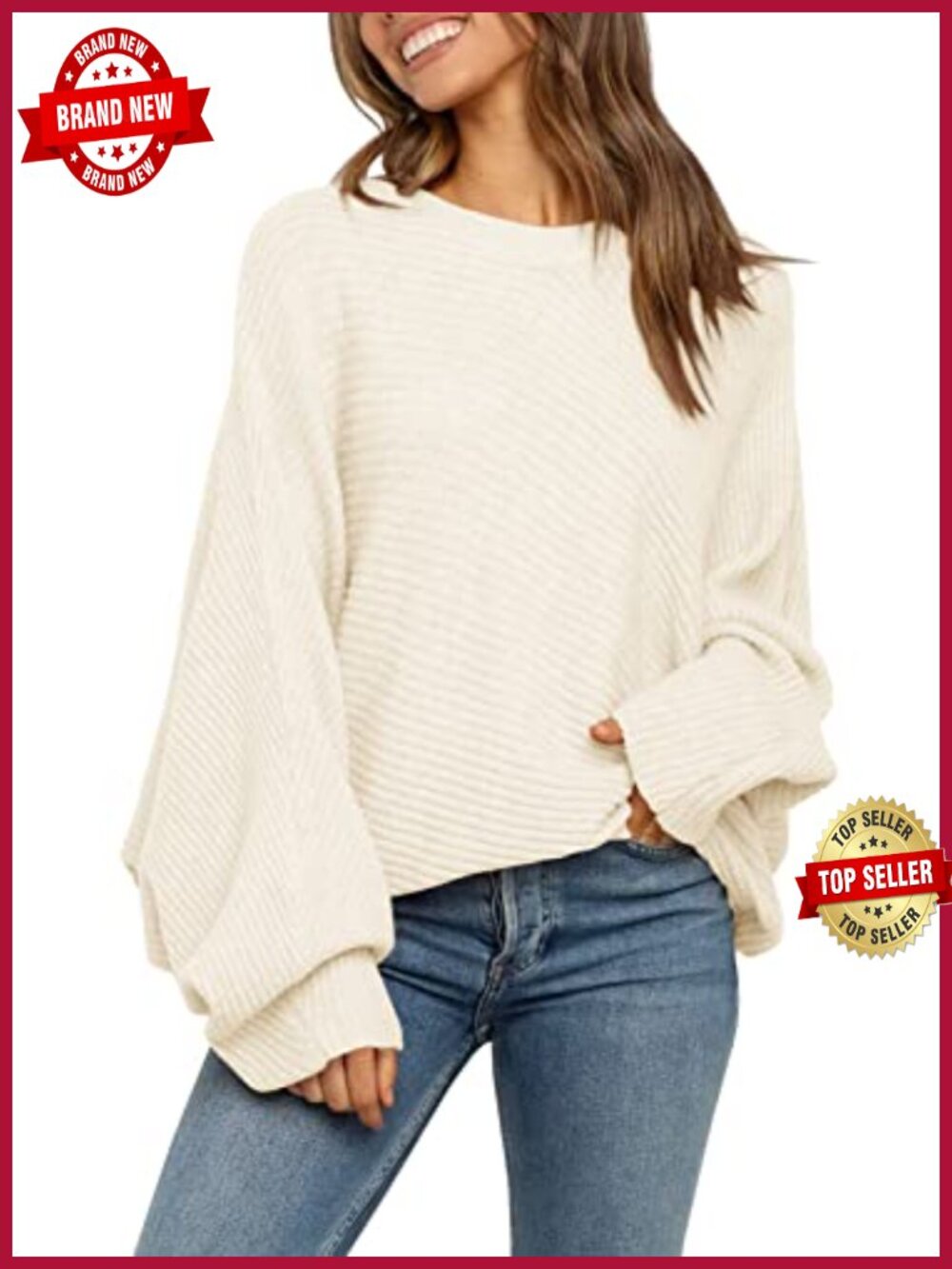 Womens Oversized Knit Cotton Sweater Slouchy Pullover Crew Neck